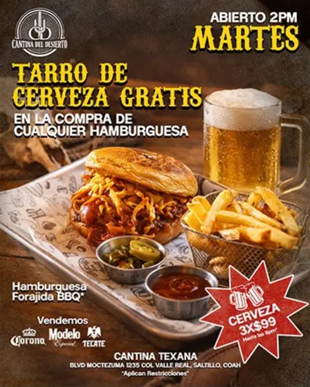 Flyer de promoción de martes, Cantina del Desierto